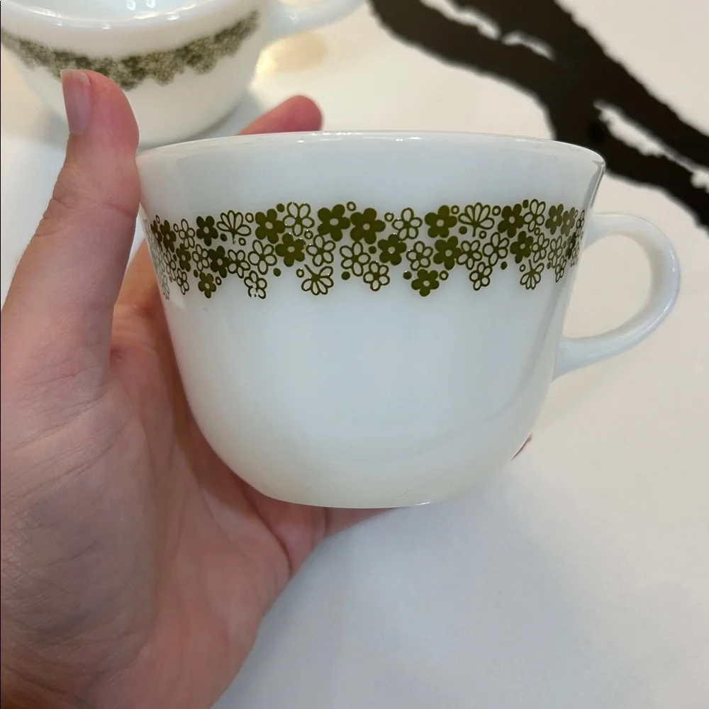 Vintage Pyrex Green Crazy Daisy Spring Blossom Milk Glass Coffee Cups Set of 3